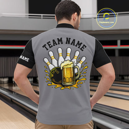 Black & Yellow argyle pattern retro Bowling Shirts For Men Custom Bowling and Beer Team Jersey | Gray NQS11095