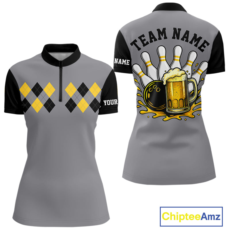 Black & Yellow argyle pattern retro Women Bowling Shirts Custom Bowling and Beer Team Jersey | Gray NQS11095