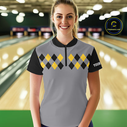 Black & Yellow argyle pattern retro Women Bowling Shirts Custom Bowling and Beer Team Jersey | Gray NQS11095