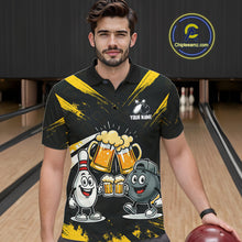 Load image into Gallery viewer, Custom Black And Yellow Funny Beer Bowling Men Polo, Quarter Zip Shirts, funny bowling shirts NQS11098
