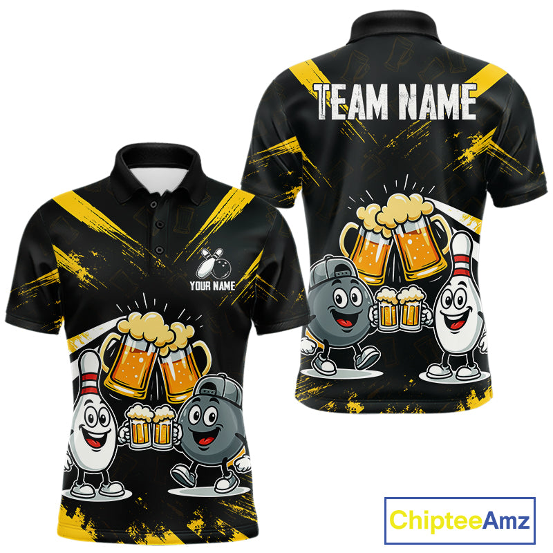 Custom Black And Yellow Funny Beer Bowling Men Polo, Quarter Zip Shirts, funny bowling shirts NQS11098