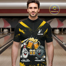 Load image into Gallery viewer, Custom Black And Yellow Funny Beer Bowling Men Polo, Quarter Zip Shirts, funny bowling shirts NQS11098