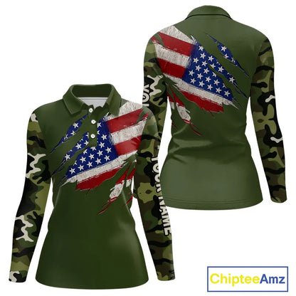 American Flag Green camo Women's Golf polo shirts Custom patriotic golf attire for ladies NQS11289