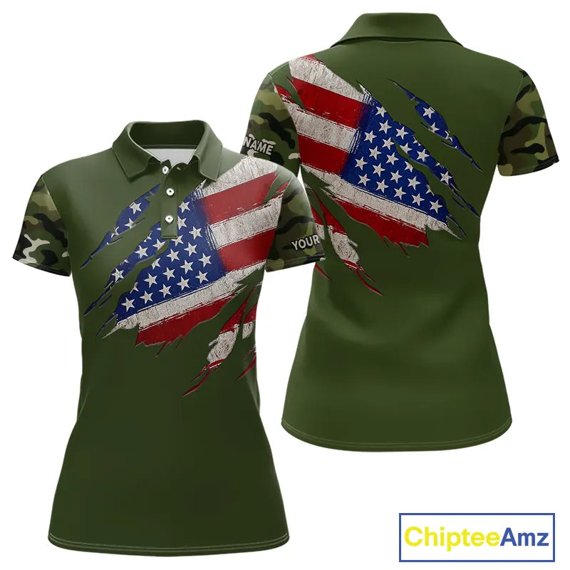 American Flag Green camo Women's Golf polo shirts Custom patriotic golf attire for ladies NQS11289