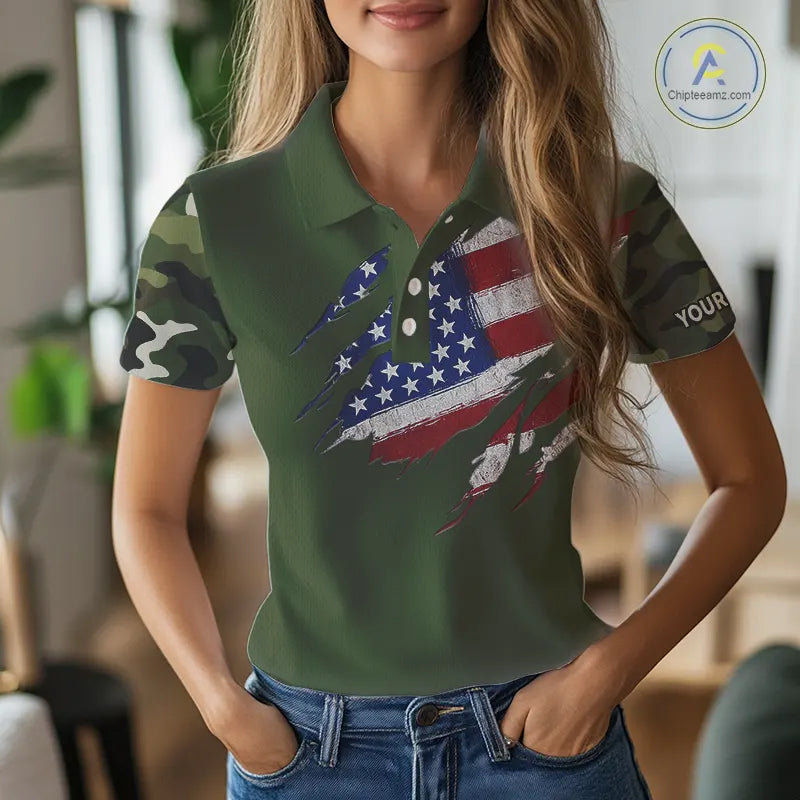 American Flag Green camo Women's Golf polo shirts Custom patriotic golf attire for ladies NQS11289