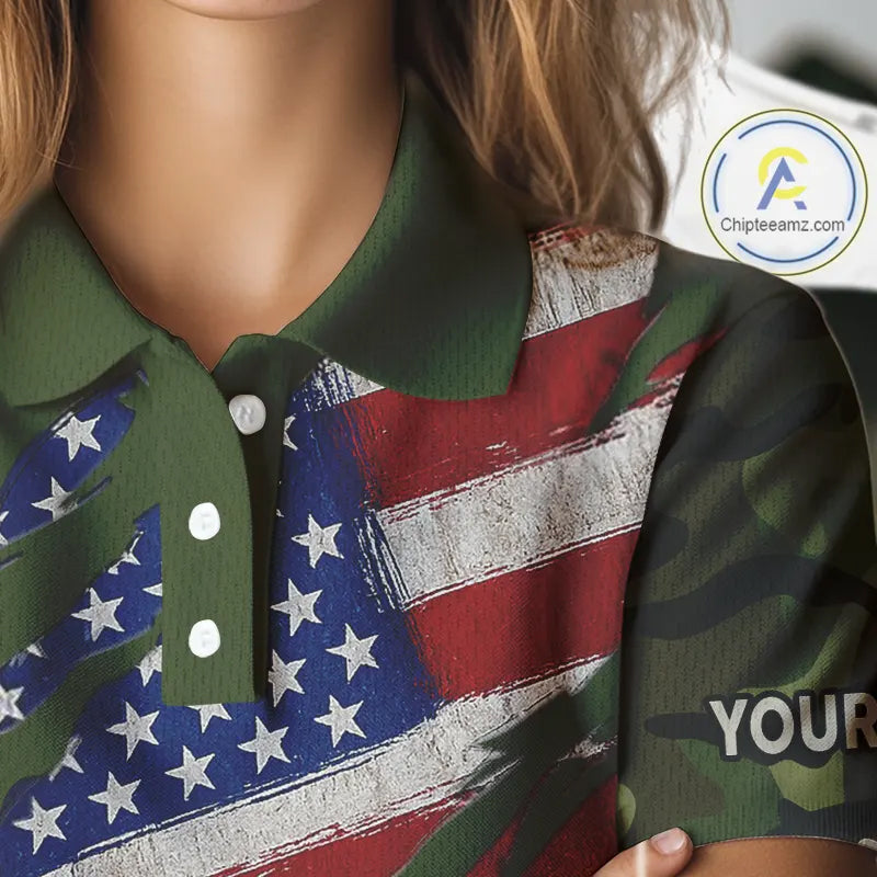 American Flag Green camo Women's Golf polo shirts Custom patriotic golf attire for ladies NQS11289