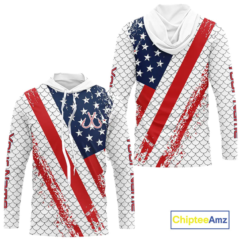 Red, white & blue American Flag Fishing scales pattern Custom patriotic Performance Fishing Shirts NQS11290