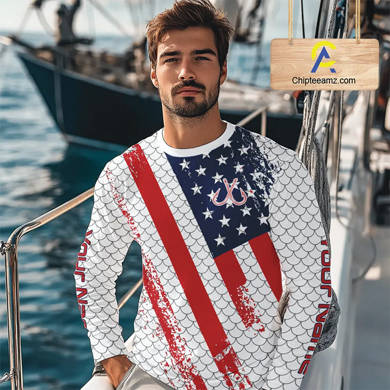 Red, white & blue American Flag Fishing scales pattern Custom patriotic Performance Fishing Shirts NQS11290