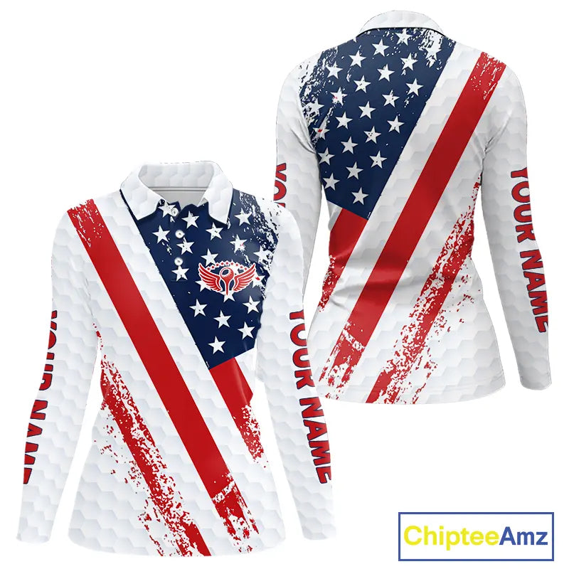 Red, white & blue American Flag Womens Golf polo shirts Custom patriotic golf outfit for ladies NQS11291