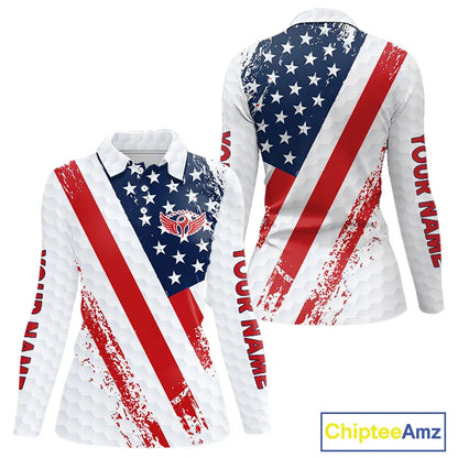 Red, white & blue American Flag Womens Golf polo shirts Custom patriotic golf outfit for ladies NQS11291