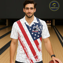 Load image into Gallery viewer, Red, white &amp; blue American Flag Bowling Hawaiian Shirt Custom patriotic Bowling Team Button up shirt NQS11292