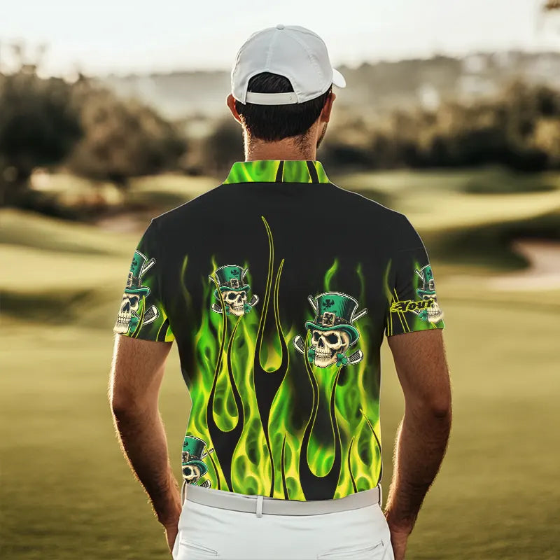 Mens golf polo shirts Green clover skull St Patrick's Day golf shirts custom green fire golf apparel NQS7055