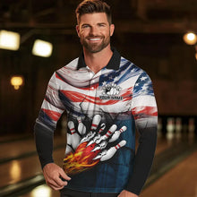 Load image into Gallery viewer, American flag Flame Bowling Polo, Quarter Zip shirts For Men custom patriotic bowling team jersey NQS9416