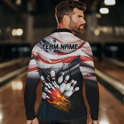 American flag Flame Bowling Polo, Quarter Zip shirts For Men custom patriotic bowling team jersey NQS9416