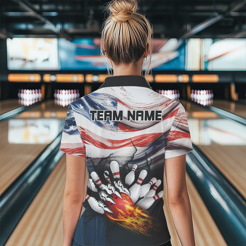 American flag Flame Bowling Polo, Quarter Zip shirts For Women custom patriotic bowling team jersey NQS9416