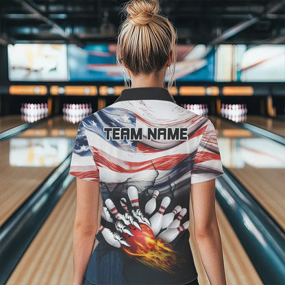 American flag Flame Bowling Polo, Quarter Zip shirts For Women custom patriotic bowling team jersey NQS9416