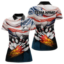 Load image into Gallery viewer, American flag Flame Bowling Polo, Quarter Zip shirts For Women custom patriotic bowling team jersey NQS9416