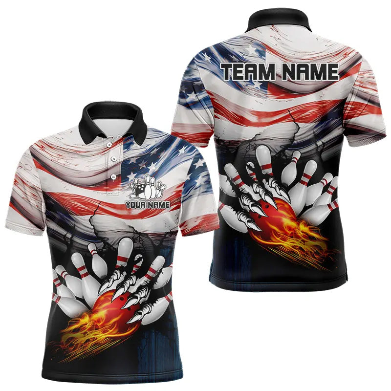 American flag Flame Bowling Polo, Quarter Zip shirts For Men custom patriotic bowling team jersey NQS9416