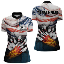 Load image into Gallery viewer, American flag Flame Bowling Polo, Quarter Zip shirts For Women custom patriotic bowling team jersey NQS9416