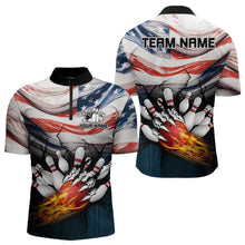 Load image into Gallery viewer, American flag Flame Bowling Polo, Quarter Zip shirts For Men custom patriotic bowling team jersey NQS9416