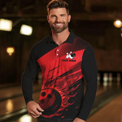 Black and Red Flame Bowling Shirts For Men Custom Flame Team Bowling Jerseys NQS9420