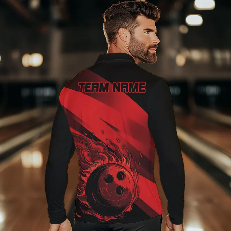 Black and Red Flame Bowling Shirts For Men Custom Flame Team Bowling Jerseys NQS9420