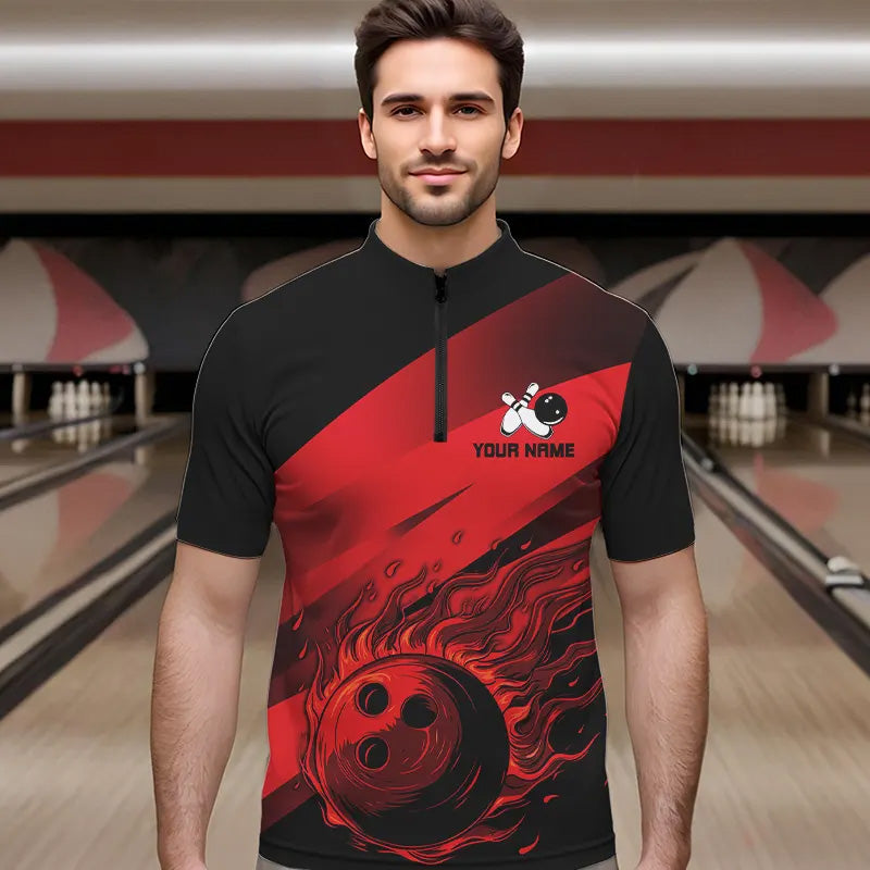 Black and Red Flame Bowling Shirts For Men Custom Flame Team Bowling Jerseys NQS9420