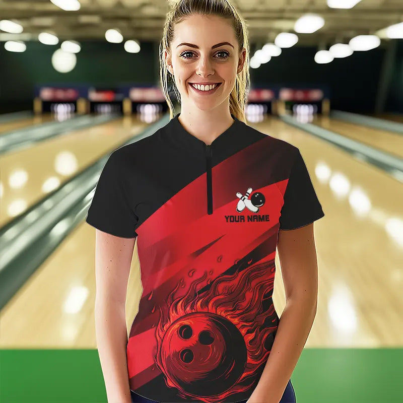 Black and Red Flame Bowling Shirts For Women Custom Flame Team Bowling Jerseys NQS9420