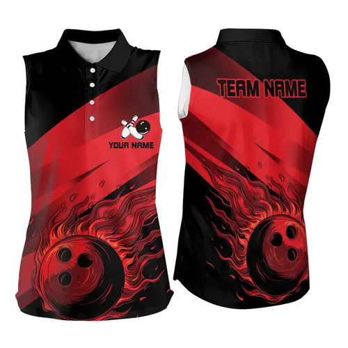 Black and Red Flame Bowling Sleeveless Polo Shirts Custom Flame Team Bowling Jerseys NQS9420