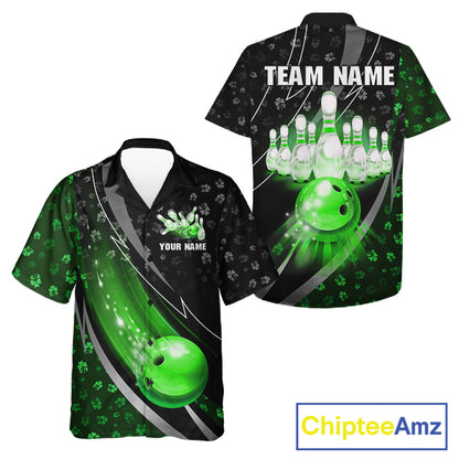 Black & Green Shamrock pattern Hawaiian Bowling Shirts Custom St Patrick Team Bowling button up shirt NQS11513
