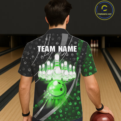 Black & Green Shamrock pattern Hawaiian Bowling Shirts Custom St Patrick Team Bowling button up shirt NQS11513
