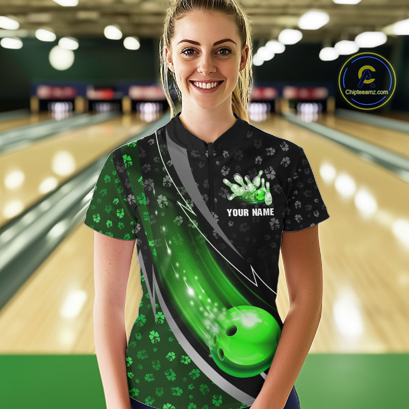 Black and Green Shamrock pattern Bowling Shirts for Women Custom St Patrick Team Bowling jerseys NQS11513