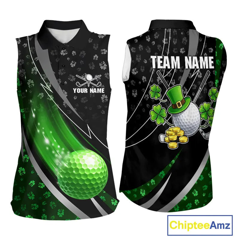 Black & Green Shamrock pattern Sleeveless Golf Polo Shirts Custom St Patrick team women golf clothing NQS11514