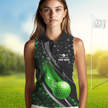 Black & Green Shamrock pattern Sleeveless Golf Polo Shirts Custom St Patrick team women golf clothing NQS11514
