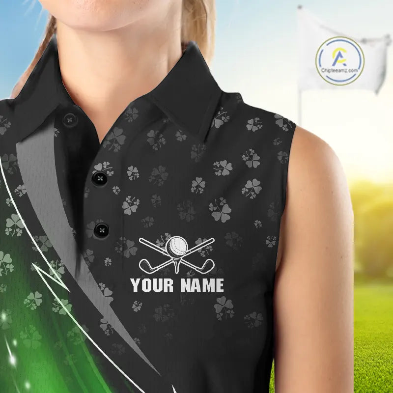 Black & Green Shamrock pattern Sleeveless Golf Polo Shirts Custom St Patrick team women golf clothing NQS11514