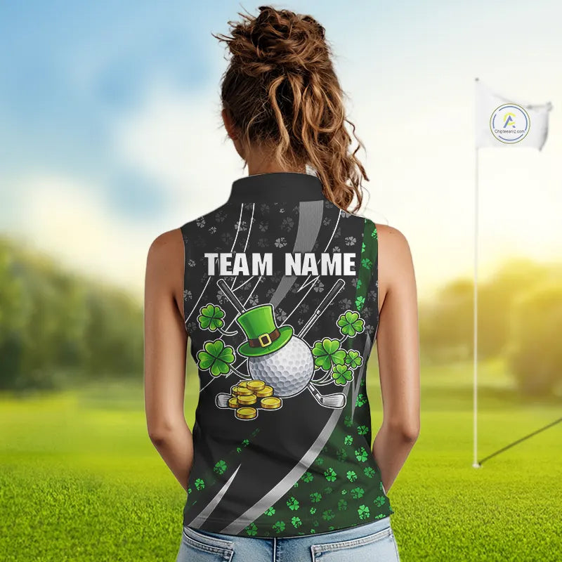 Black & Green Shamrock pattern Sleeveless Golf Polo Shirts Custom St Patrick team women golf clothing NQS11514
