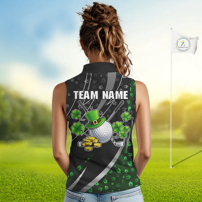 Black & Green Shamrock pattern Sleeveless Golf Polo Shirts Custom St Patrick team women golf clothing NQS11514