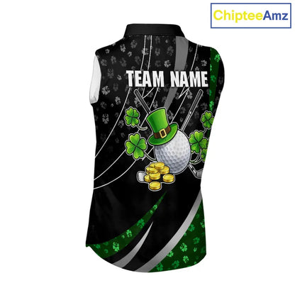 Black & Green Shamrock pattern Sleeveless Golf Polo Shirts Custom St Patrick team women golf clothing NQS11514