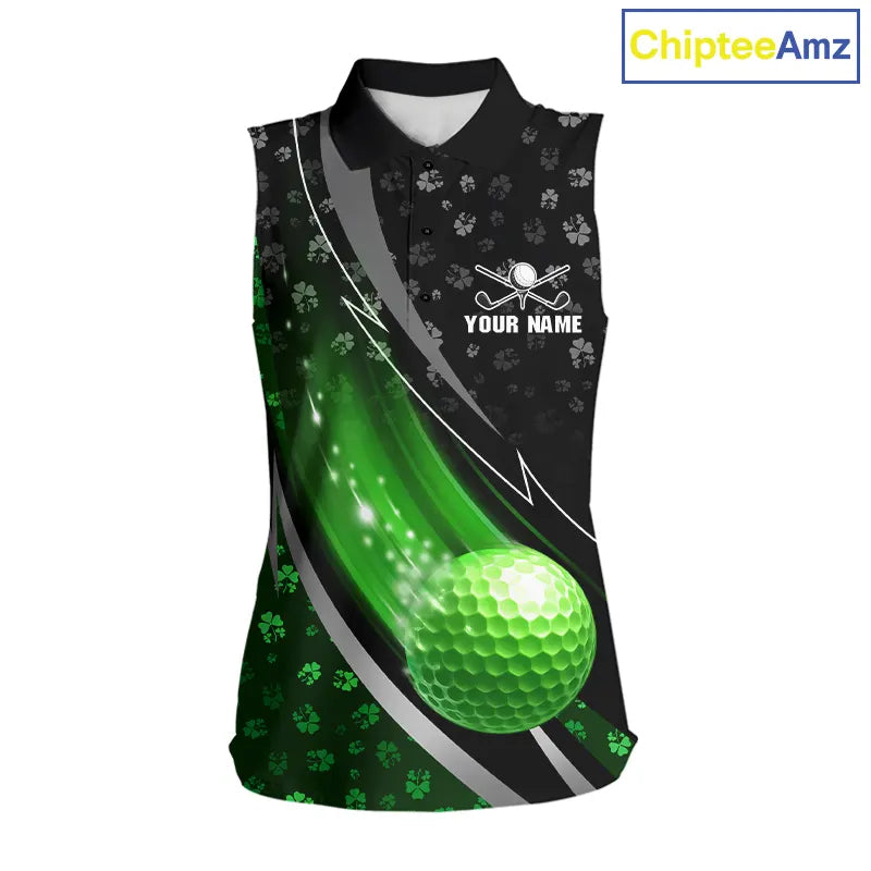 Black & Green Shamrock pattern Sleeveless Golf Polo Shirts Custom St Patrick team women golf clothing NQS11514