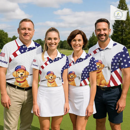 Personalized American flag golden retriever golf polo shirts for men custom name patriotic golf gifts NQS11518
