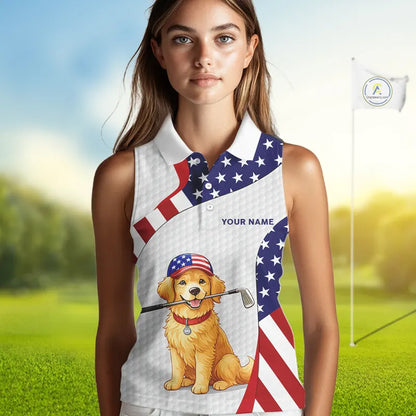 Personalized American flag golden retriever Sleeveless Golf Polo Shirt custom patriotic golf gifts NQS11518