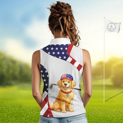 Personalized American flag golden retriever Sleeveless Golf Polo Shirt custom patriotic golf gifts NQS11518