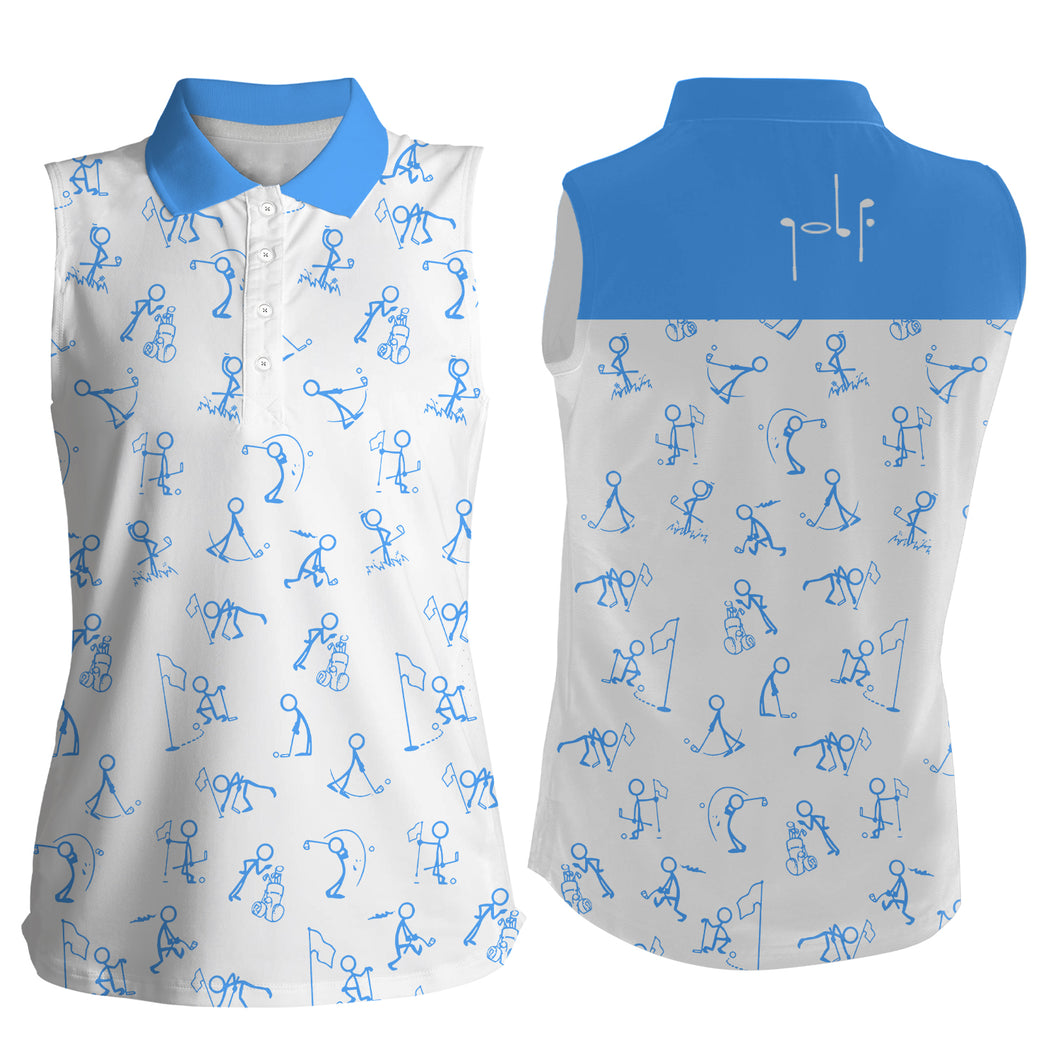 Women sleeveless polo shirts funny golf pattern, blue polo shirt golf outfit women golf top NQS5517