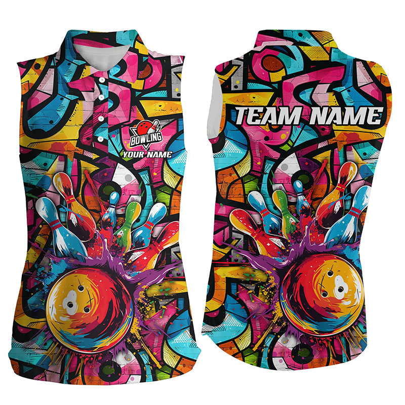 Colorful Graffiti pattern Women sleeveless polo shirts Custom Ladies Bowling Team League Jerseys NQS7664