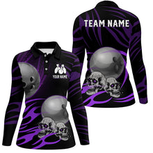 Load image into Gallery viewer, Black Women Bowling polo, quarter zip shirt Custom Skull bowling ball Ladies Team Jersey | Purple NQS7665