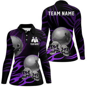 Black Women Bowling polo, quarter zip shirt Custom Skull bowling ball Ladies Team Jersey | Purple NQS7665