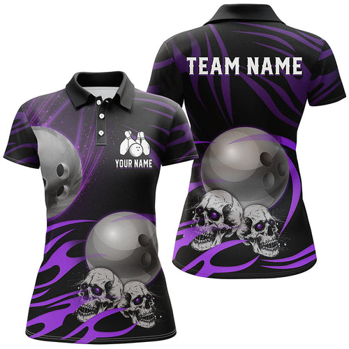 Black Women Bowling polo, quarter zip shirt Custom Skull bowling ball Ladies Team Jersey | Purple NQS7665