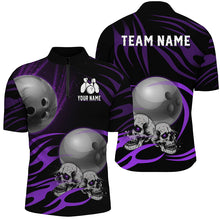 Load image into Gallery viewer, Black Men Bowling polo, quarter zip shirt Custom Skull bowling ball Men&#39;s Team League Jersey | Purple NQS7665