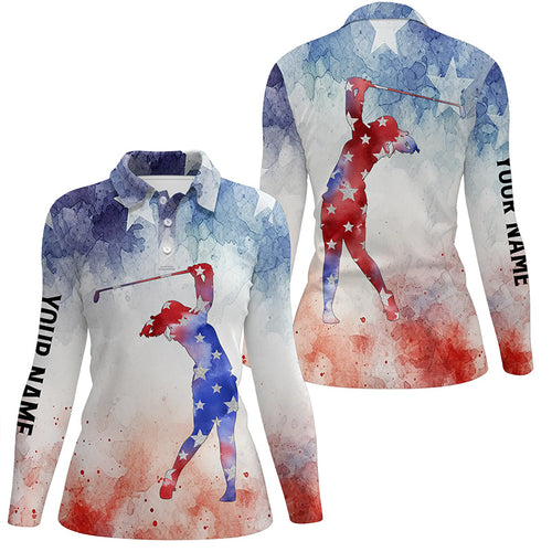 Womens golf polo shirt Custom name watercolor American flag patriotic golf gifts NQS5791