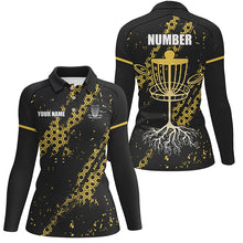 Load image into Gallery viewer, Black and Yellow Hexagon Pattern Women Disc golf polo shirts custom Team disc golf jerseys NQS8094